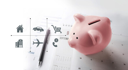 Savings and financial planning concept, piggy bank, returns, retirement, retirement fund, investment with business icons