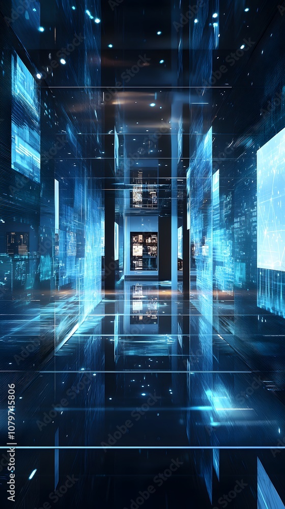 Poster 90. a high-tech 3d space with floating panels, digital projections, and ample vertical space for a p