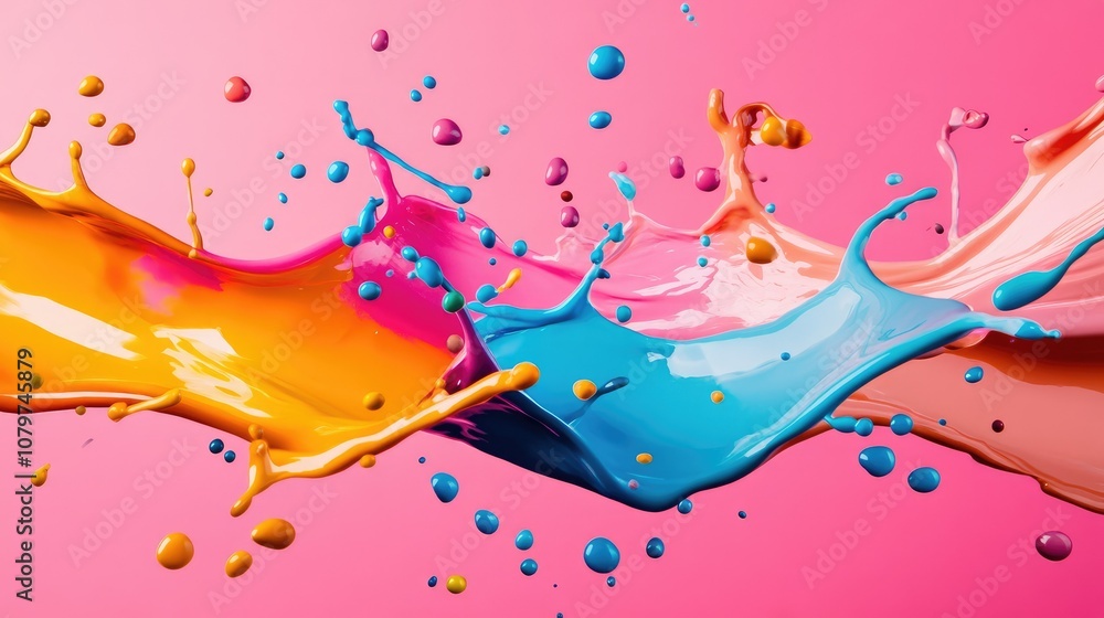 Poster A dynamic 3D illustration of liquid splashes in vibrant colors against a bright pink background, creating an abstract and playful visual effect