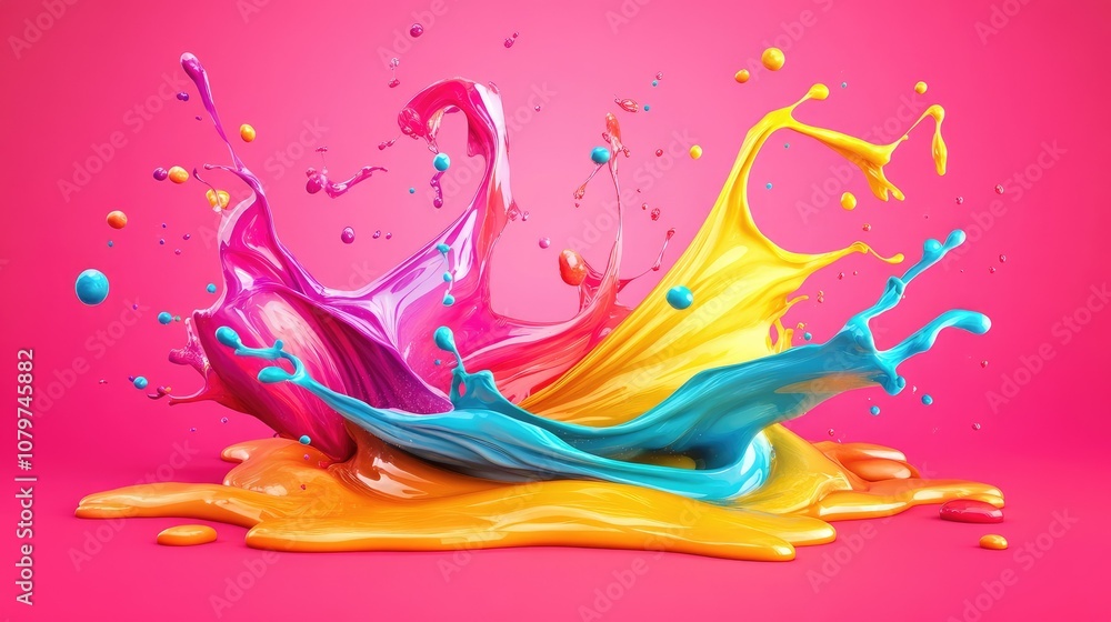 Poster A dynamic 3D illustration of liquid splashes in vibrant colors against a bright pink background, creating an abstract and playful visual effect