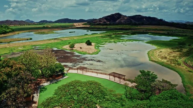 Aerial drone shot over la Hacienda el Viejo Wetlands in Guanacaste, Costa Rica. High view of the lush vegetation and the green landscape.