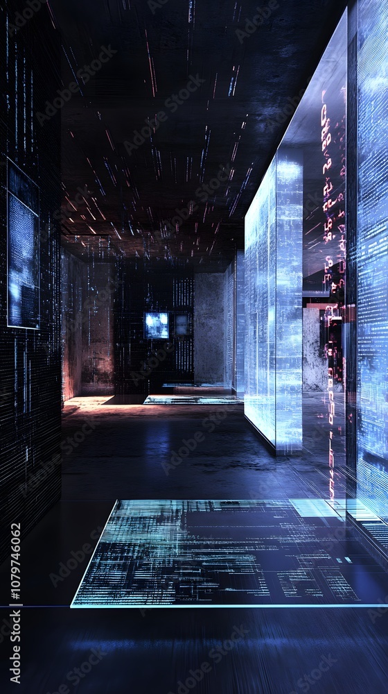 Poster 90. a high-tech 3d space with floating panels, digital projections, and ample vertical space for a p