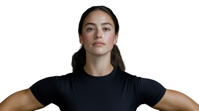 Confident young woman in black sportswear on transparent background