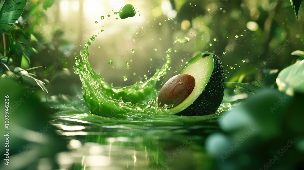 Poster a fresh avocado creating a splash of green liquid as it plunges into a smooth, vibrant mixture, surr