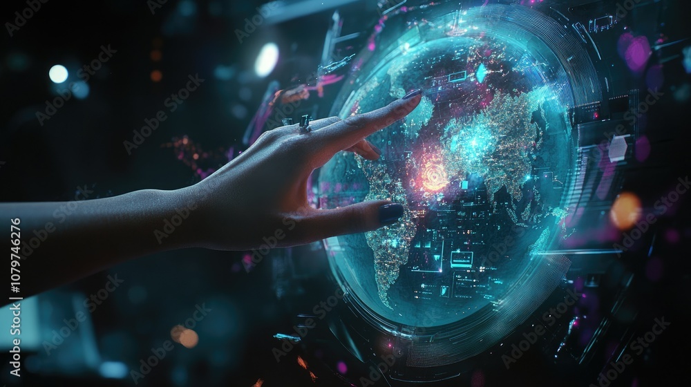 Poster a futuristic concept of a woman hand interacting with digital elements and a world globe, conveying 