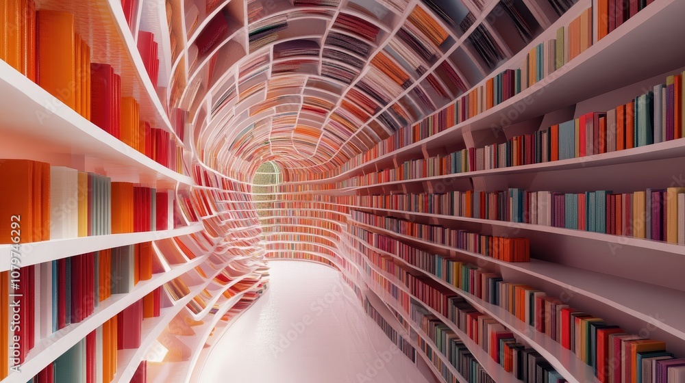 Aufkleber A futuristic curved bookshelf with colorful books creating a dynamic, surreal tunnel effect, showcasing the unique visual of modern library design