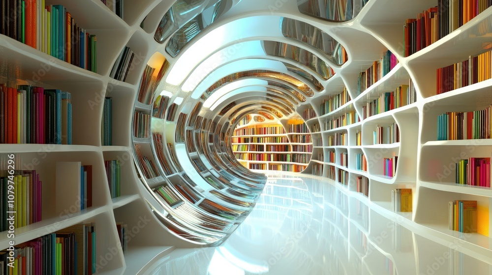 Aufkleber A futuristic curved bookshelf with colorful books creating a dynamic, surreal tunnel effect, showcasing the unique visual of modern library design