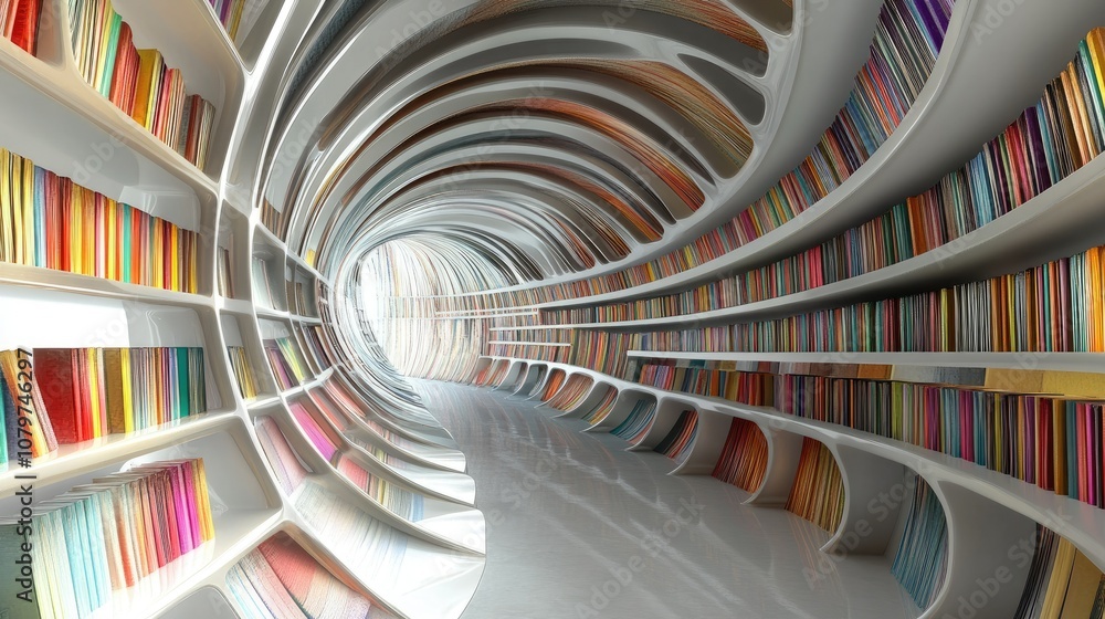 Aufkleber A futuristic curved bookshelf with colorful books creating a dynamic, surreal tunnel effect, showcasing the unique visual of modern library design