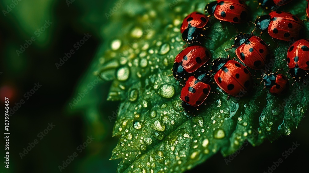 Poster a group of ladybugs huddled on a fresh green leaf with light reflecting off tiny water droplets, cre