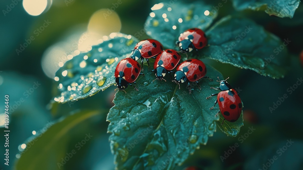 Poster a group of ladybugs huddled on a fresh green leaf with light reflecting off tiny water droplets, cre