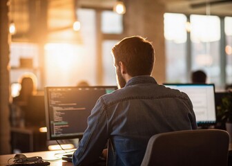 "Programmer Focused on Modern Computer in Office: Bokeh Effect"