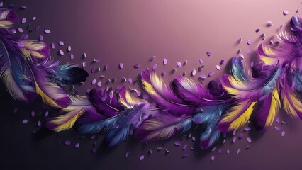 Obraz premium Colorful feathers accented with details, in purple, blue and gold tones on a pink background