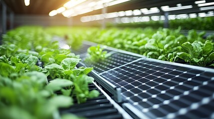 A solar-powered vertical farm using solar panels to provide energy for hydroponic farming systems, producing organic food in an urban setting for local communities.