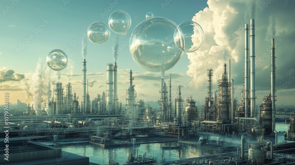 Poster a futuristic industrial landscape featuring tall structures and transparent bubbles floating in the 