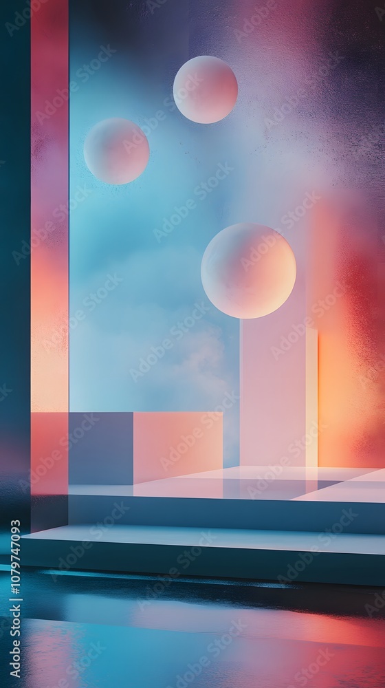 Poster 66. a sleek 3d environment with abstract floating elements, glowing edges, and a vertical area for a