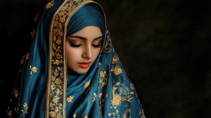A Muslim woman in an exquisite blue and gold hijab, beautifully embroidered, with soft lighting that highlights the cultural elegance and sophisticated style