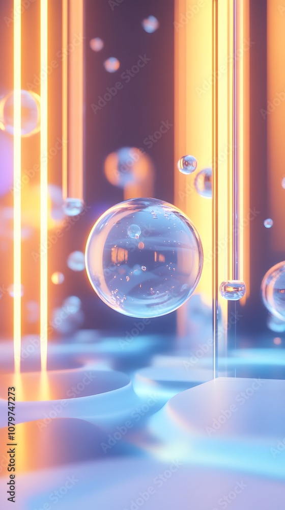 Poster 66. a sleek 3d environment with abstract floating elements, glowing edges, and a vertical area for a