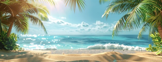Paradisiacal Summer Beach with Golden Sand Palm Trees Blue Sea and Sky Blurred Tropical Landscape Copy Space for Travel Vacation
