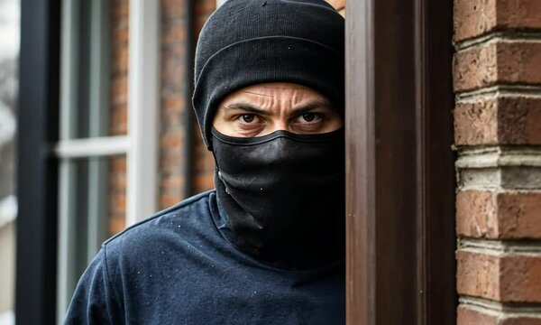 Suspicious masked burglar looking through an open door, ready to intrude.