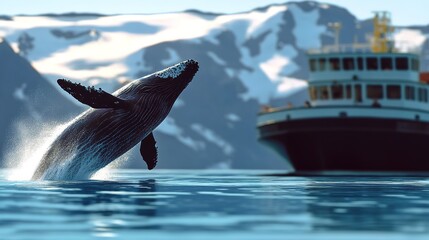 Fototapeta premium A thrilling wildlife adventure, observing whales breaching the surface during a boat expedition.