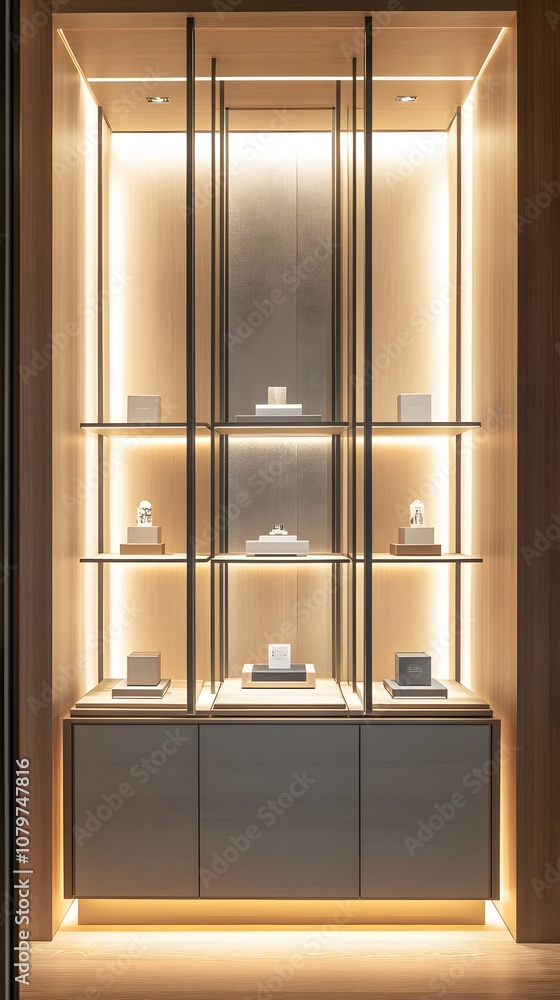 Poster 67. a modern 3d showcase with soft lighting, floating panels, and ample vertical space for showcasin
