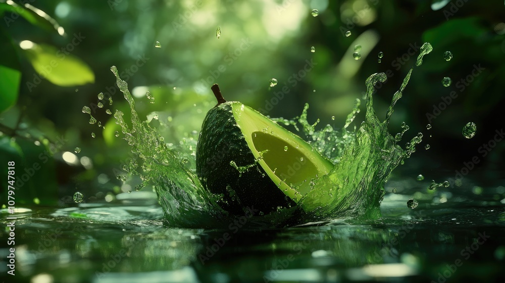Poster a ripe avocado splashing into a vibrant green liquid, with droplets flying in all directions, surrou