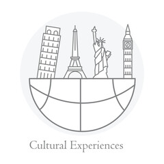 Cultural Experiences Icon &ndash; Globe with Landmarks Depicting Global Heritage.