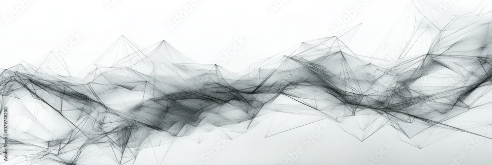 Poster digital network odyssey - futuristic 3d wireframe landscape of connected lines and geometric shapes 