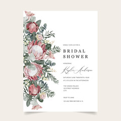 Watercolor Proteas with hypericum berries, eucalyptus and pepper tree leaves for Bridal Shower Invitation Party
