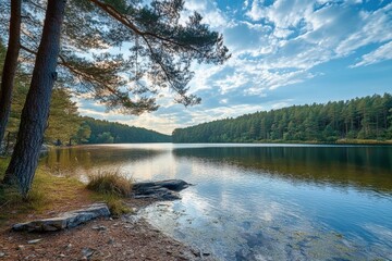 Obraz premium Tranquil lake surrounded by lush green forest with a blue sky and white clouds.