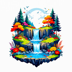 illustration of beautiful waterfall in autumn forest by colorful flowers.