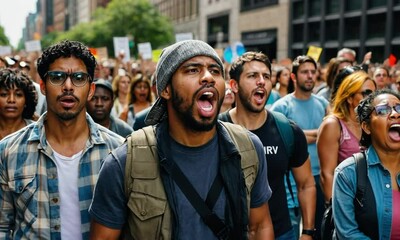 Enthusiastic Man Leading a Protest in a Crowd