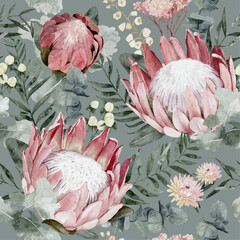 Delicate watercolor protea seamless pattern, suitable for wallpapers, textile, fabric, scrapbooking paper, wedding stationery or surface design