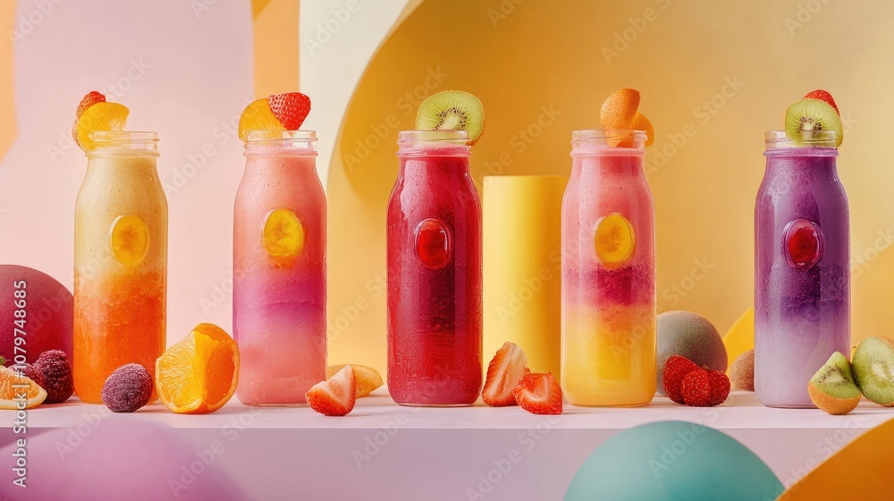 Poster a variety of colorful smoothies in bottles, each with vibrant hues and topped with fresh fruit slice