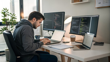Male programmer writing code on a laptop, sitting and working in an office. The office setting has modern decor with a comfortable desk