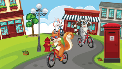 Animals Biking Through a Vibrant Town