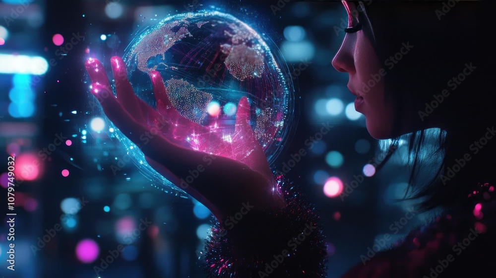 Poster a woman hand illuminated by digital lights, with floating media content and a holographic globe repr