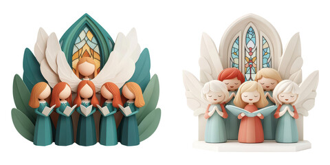 Angelic choir, singing in Christmas cathedral, stained glass backdrop, 3D illustration