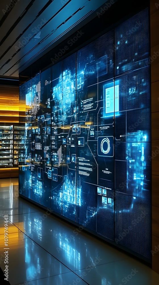 Poster 71. a high-tech 3d display with ambient lighting, floating digital panels, and ample vertical space 