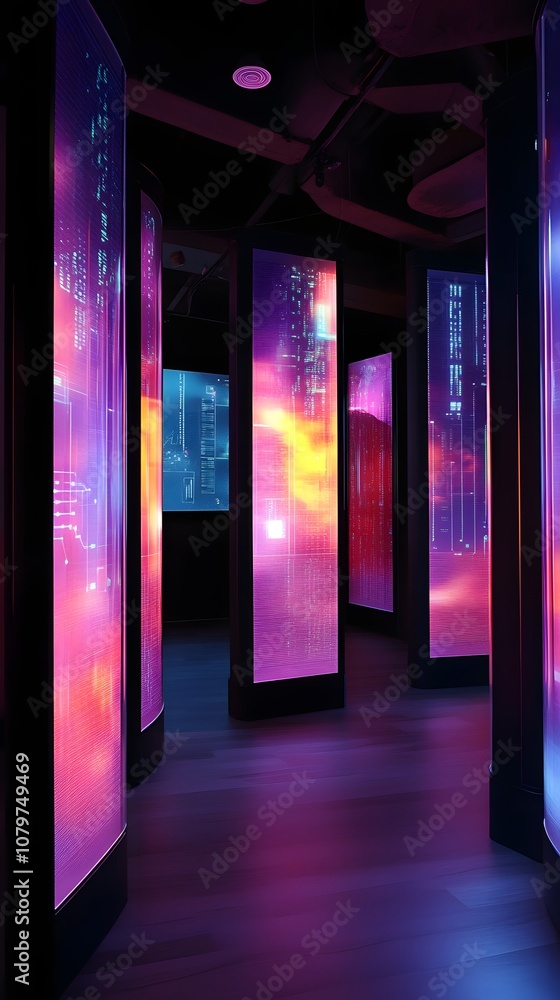 Poster 71. a high-tech 3d display with ambient lighting, floating digital panels, and ample vertical space 