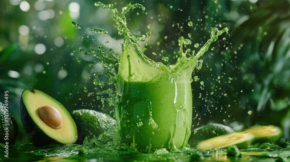 Poster an avocado half splashing into a vivid green smoothie or juice, creating dramatic droplets as the li