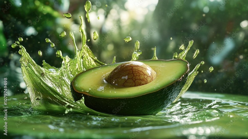 Poster an avocado half splashing into a vivid green smoothie or juice, creating dramatic droplets as the li