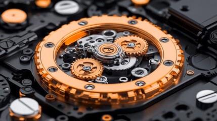 Close up of Detailed Mechanical Gears and Cogs in Gold and Black