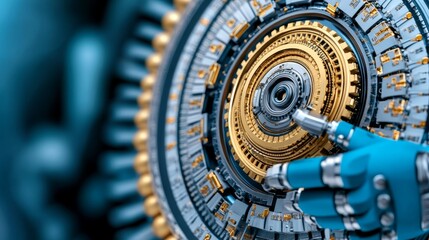 Fototapeta premium Futuristic Robotic Hand Interacting with Complex Machinery