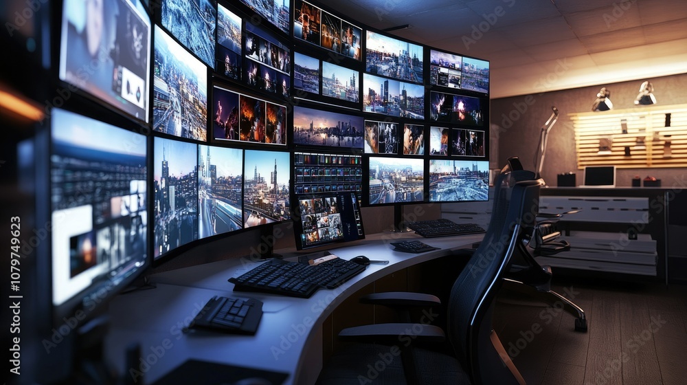 Poster An office workspace with multiple screens showing a video archive platform, displaying video thumbnails and organized folders