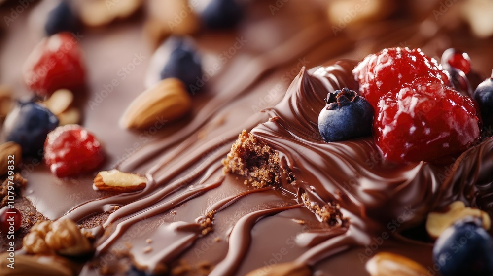 Poster close-up of a gourmet dessert with smooth chocolate drizzle over a rich slice of cake, surrounded by