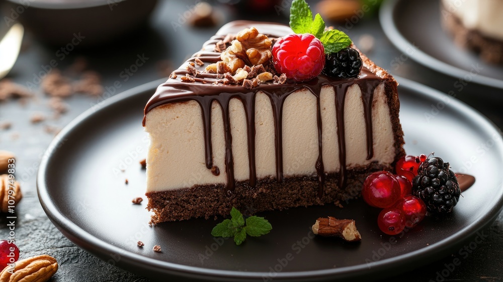 Poster close-up of a gourmet dessert with smooth chocolate drizzle over a rich slice of cake, surrounded by