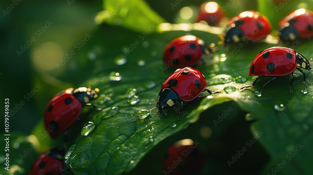 Poster close-up of a group of ladybugs on a vibrant green leaf, basking in sunlight, showing intricate deta
