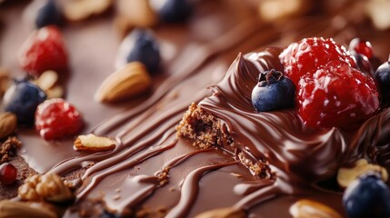 Close-up of a gourmet dessert with smooth chocolate drizzle over a rich slice of cake, surrounded by artistic garnishes of nuts and berries for an indulgent touch