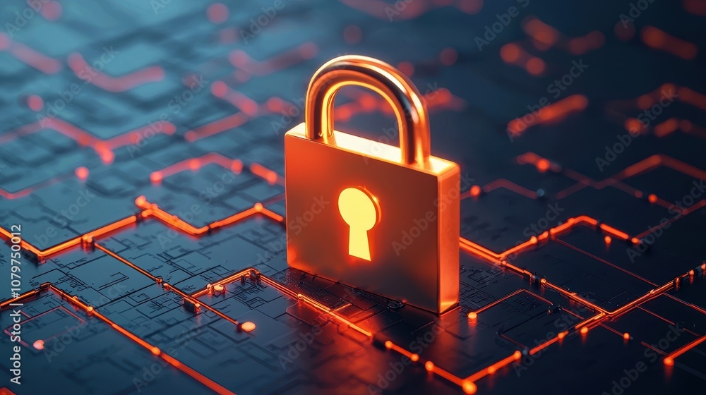 Poster a shiny padlock sits on a circuit board, symbolizing digital security and encryption in a technologi